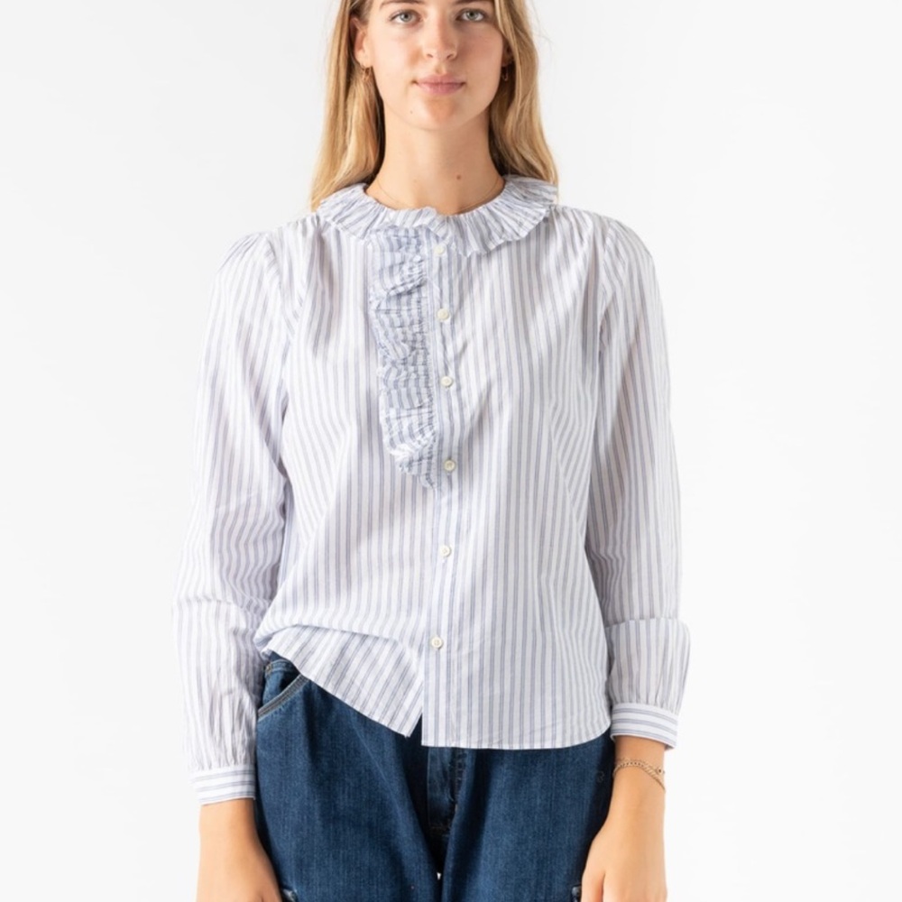 Alex Mill Blue and White Striped Ruffle Collar Blouse